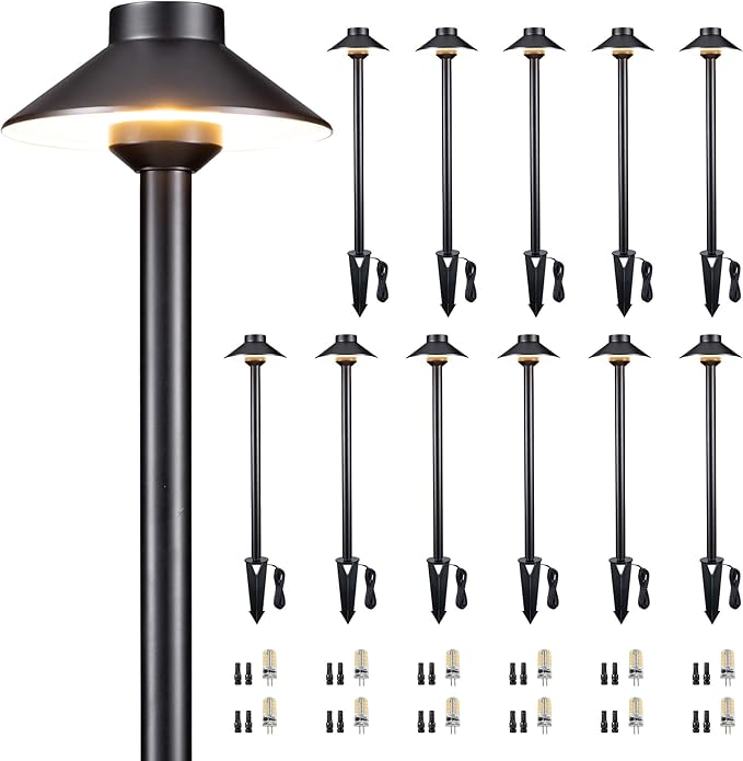 Gardenreet Low Voltage Landscape Path Light, Solid Brass Pathway Light IP65 Waterproof, Hat Shaped 12V Wired, Black | Lumora