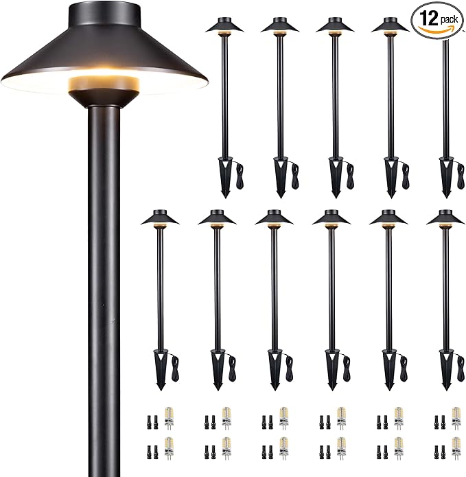 Gardenreet Solid Cast Brass Pathway Light - 12v Landscape Path Lights Outdoor Waterproof, Electric Walkway Lamp Wired, Hat Shape Black Garden Decorations with 3W 2700K Warm White G4 Bulb (12 Pack)