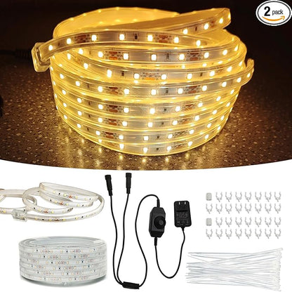 33FT 2-Pack 12V LED Rope Lights Outdoor - 1200 LEDs Warm White Dimmable Thick Flat Rope Lighting Waterproof for Street,Ceiling,Backyards,Commercial Use Indoor Outdoor Tape Lights
