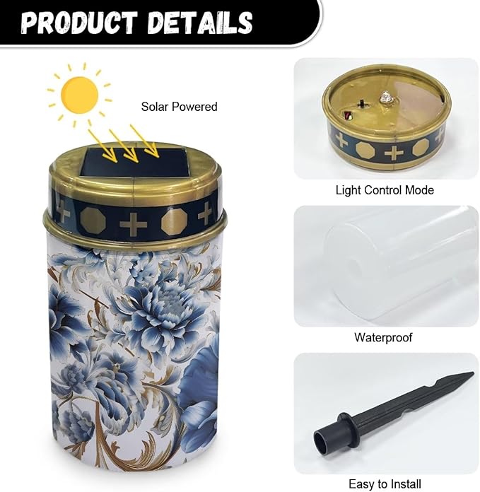 Blue Floral Cemetery Solar Lights Eternal Lights for Cemetery Solar Powered Solar Outdoor Lights Waterproof Decorative for Outside Yard Landscape Path Walkway Driveway Lawn Decor