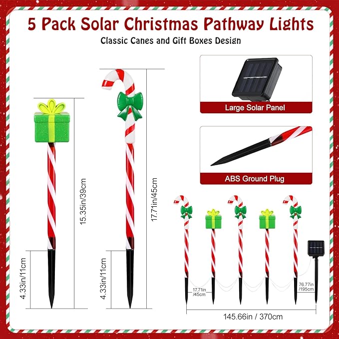 Lewondr Solar Christmas Pathway Lights, 5 PCS Solar Christmas Decorations Outdoor with 2 Lighting Modes, Cane and Gift Box Lights with Garden Stake, Waterproof Garden Yard Lawn Patio Holiday Decor