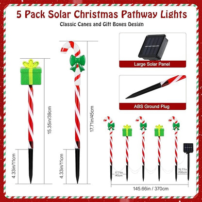 Lewondr Solar Christmas Pathway Lights, 5 PCS Solar Christmas Decorations Outdoor with 2 Lighting Modes, Cane and Gift Box Lights with Garden Stake, Waterproof Garden Yard Lawn Patio Holiday Decor