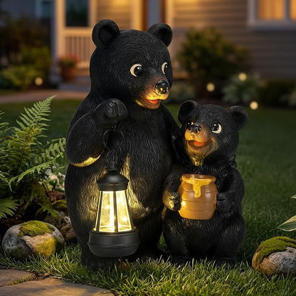 Lavezee Garden Bear Statues, Mother and Baby Bear Figurines with Solar Lantern for Outdoor Porch Yard Lawn, Unique Bear Gifts for Mom Grandma Wowen