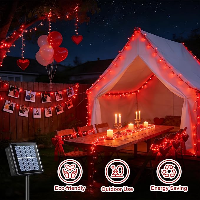 QITONG Red Valentine Solar String Lights, 2 Pack Each 66ft 200 LED Christmas Lights Outdoor Waterproof, 8 Modes | Lumora