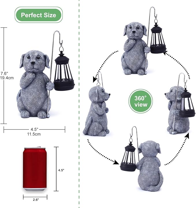 Qeeman Solar Dog for Garden Decor: Weatherproof Resin Statues with Lantern for Outdoor Outside Yard Pathway Patio Porch Balcony Decorations - Gifts for Mom Grandma Dog Lovers