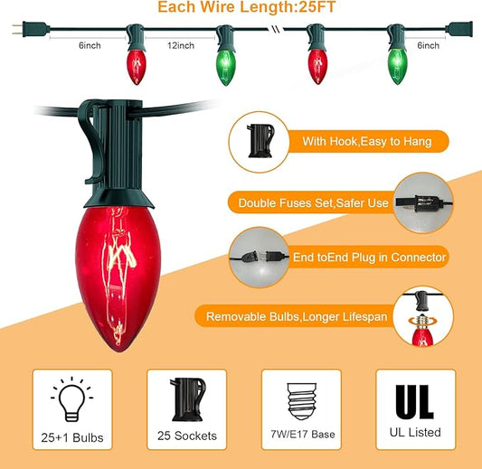 25FT C9 Red & Green Vintage Christmas Lights Outdoor, Waterproof Outdoor Hanging Xmas Lights with 26 Incandescent Bulbs, UL-Ready Green Wire for Tree, Roofline, Patio, Backyard Holiday Party Decor