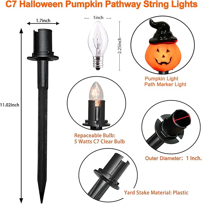 Halloween Pumpkin Pathway String Lights 4 Jack-o-Lantern Stakes Lights with C7 Bulbs, 7Ft Extendable Wizard Hat | Lumora