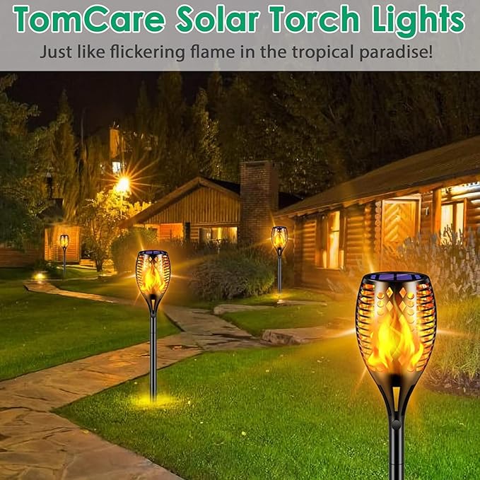 TomCare Solar Lights, 43" Waterproof Flickering Flames 96 LED Torches Outdoor Landscape Decoration Lighting Auto On/Off Pathway Lights for Garden Patio Yard, Black(6)