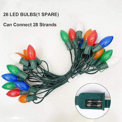 SUNSGNE C9 LED Christmas Lights Outdoor 25FT Multicolor String Lights with 27 0.6W LED Plastic Bulbs(2 Spare) for Patio Garden Roofline Backyard Décor, Green Wire