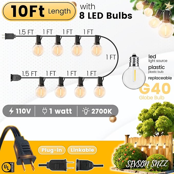 10FT Outdoor String Lights - LED Patio Lights Waterproof G40 Plastic Globe Bulbs, Connectable Shatterproof Hanging | Lumora