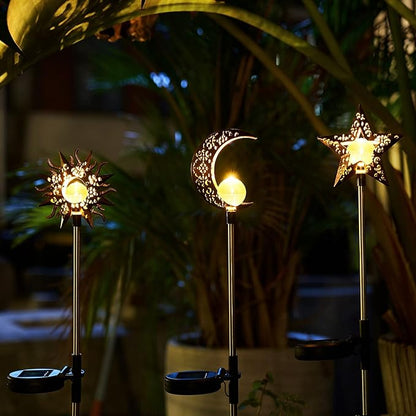 Solar Garden Stake Lights, Moon Sun Star Yard Decorations Outdoor 3 Pack Solar Garden Decor for Lawn, Pathway, Flower Bed, Memorial Garden, Patio Outdoor Gifts for Mom, Loved Ones