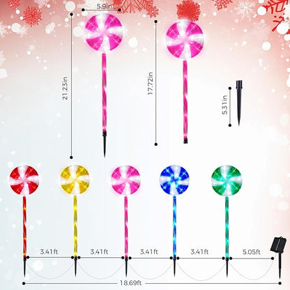 Outdoor Christmas Decorations Solar Pathway Lights, Set of 10 Lollipops Peppermint Stake Lights, 8 Modes Candy Cane Walkside Lights, Outdoor Xmas Decoration for Walkway,Yard (10PCS-Multi)