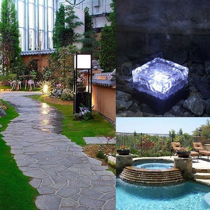 4 Pack Solar Path Ice Cube Lights Outdoor, Waterproof Glass LED Glass Clear Brick in-Groud Buried Festive Light Night Lamp for Garden Courtyard Pathway Patio Pool Pond Decoration(White)