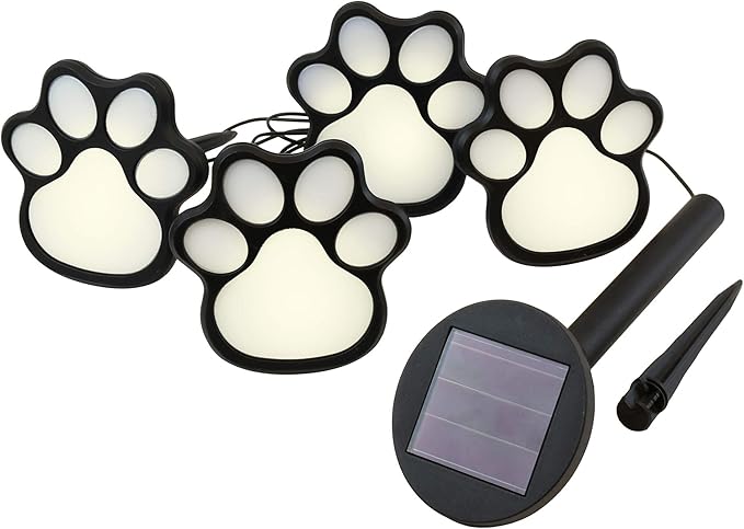 Lumabase Solar Powered Paw Print Pathway Lights - Set of 4, Black