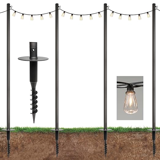 EXCELLO GLOBAL PRODUCTS Premium String Light Pole 4 Pack with 100' of LED Edison Bulb String - Outdoor Path Light | Lumora