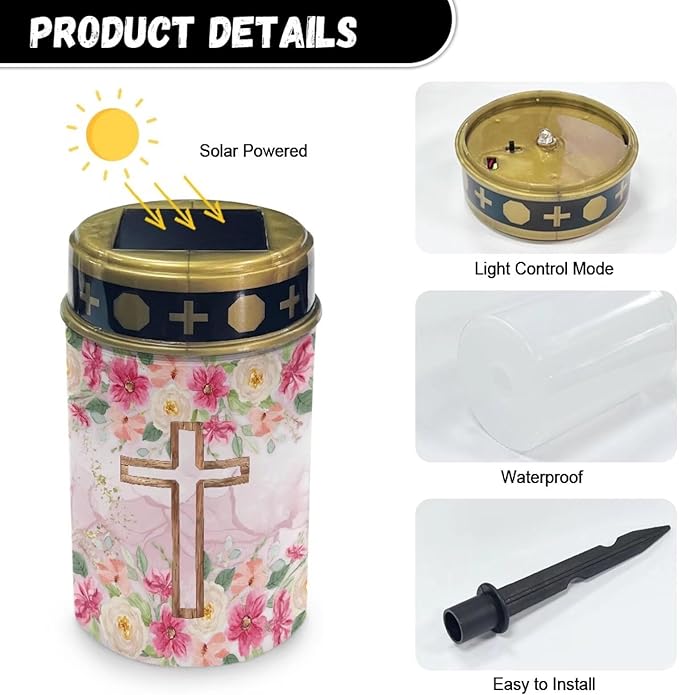 Cross Solar Lights for Cemetery Gravesite Outdoor Solar Lights for Yard Decorative Cemetery Candle Holder for Grave Waterproof Outdoor Memorial Garden Stake Cross Lights