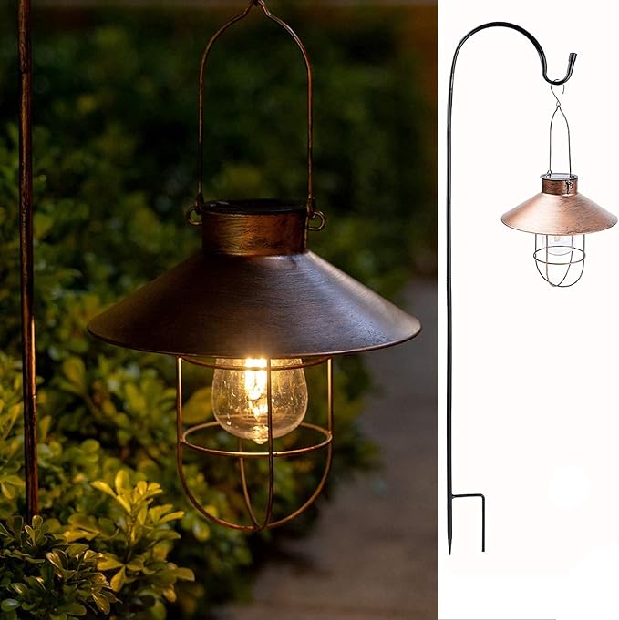 HUYIENO 2Pack Solar Metal Hanging Lantern with Shepherd Hook Outdoor Led Garden Lights Brushed Copper | Lumora