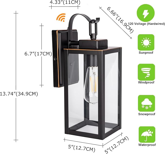 GRUENLICH Dusk to Dawn Outdoor Wall Lantern, Wall Sconce for Porch Lighting Fixture, E26 Base Max 60W, Metal Housing Plus Glass, Oil Rubbed Bronze Finish, Bulb Not Included, 1-Pack