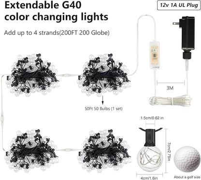 Color Changing Christmas Lights Outdoor String Lights 50ft 50 G40 Bulbs Waterproof Connectable up to 200ft w/ 2 Remotes Timer for Patio Bistro House Garden Party Gazebo Xmas Indoor Outside Decor