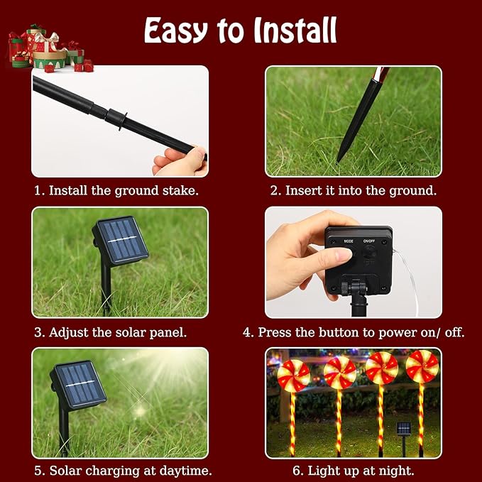 Lewondr 4 Pack Lollipop Christmas Decorations Outdoor,Solar Lighted Candy with Garden Stakes,Waterproof Garden Lawn Pathway with 2 Lighting Modes,Solar Christmas Yard Decor for Path,Xmas Party,Holiday