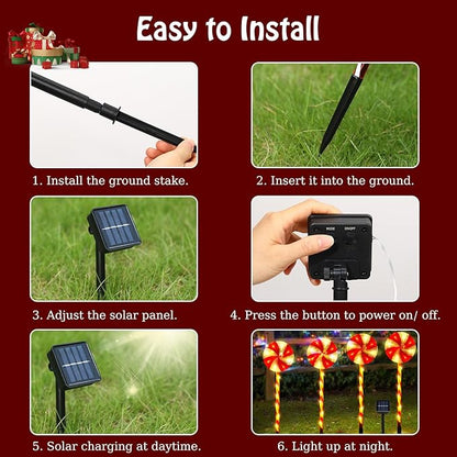 Lewondr 4 Pack Lollipop Christmas Decorations Outdoor,Solar Lighted Candy with Garden Stakes,Waterproof Garden Lawn Pathway with 2 Lighting Modes,Solar Christmas Yard Decor for Path,Xmas Party,Holiday