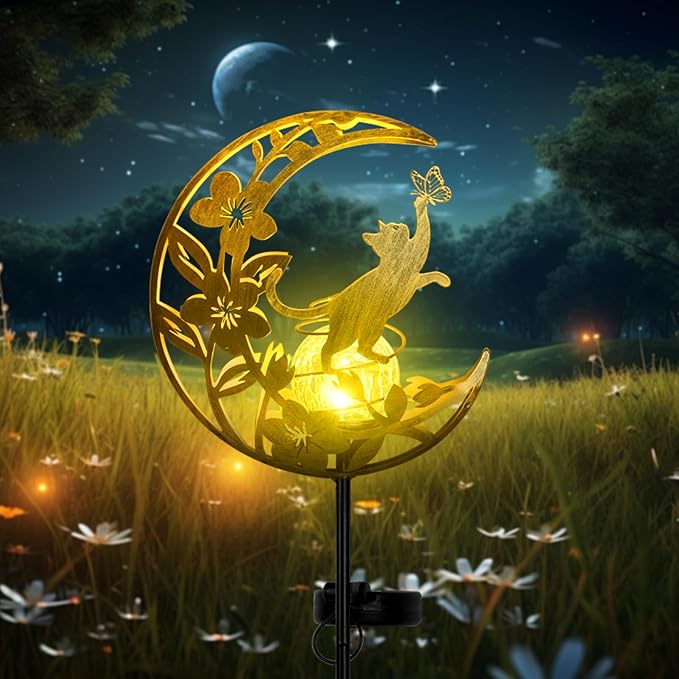 Cat Solar Lights Moon Garden Decor, Cat Gift for Women, Garden-Cracked Glass Ball Solar Lights, Unique Gift Ideas for Gardening Mom Grandma, Outdoor Decorations Patio Yard Lawn Backyard Decor