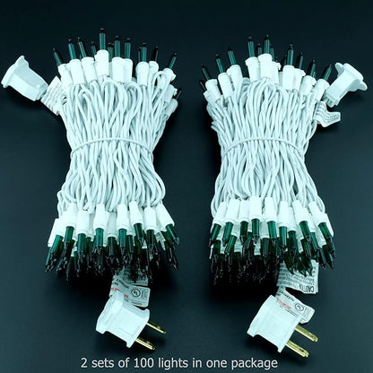 YULETIME 200 Green Christmas Lights, Pack of 2 Sets 33 Feet 100 Count UL Certified Incandescent String Lights (Green - White Wire)