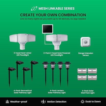 Mesh Linkable Series 4-Pack Solar LED Security Pathway Light w/ LiFePO4 Battery, 300LM, Auto-linking, 110°x16 ft Motion Detection, CCT 3000K/4000K/5000K, 4-Channel Settings, Stainless Steel