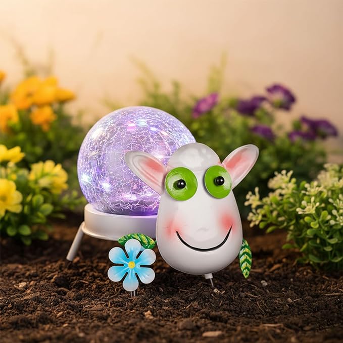 Solar Lights Outdoor Sheep Decor with Crackle Glass Globe Lights - Cute Metal Sheep Decor for Yard Lawn Patio Porch Pathway Tabletop, Housewarming Gifts for Mom Women