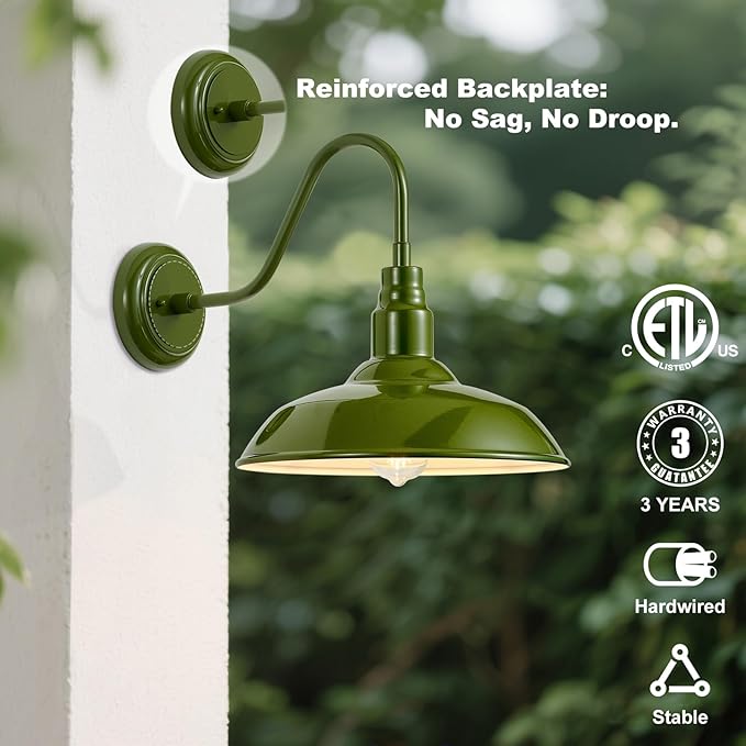 14in Outdoor Gooseneck Lights for Farmhouse, Barn Style Goose Neck Wall Light Fxiture with Wall Mount, Olive Green | Lumora