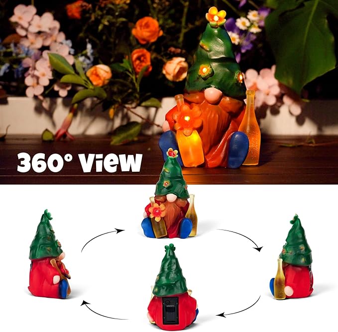 Solar Garden Statues Lights, 8.5" Christmas Outdoor Gnome Figurine with Auto On/Off for Yard Patio Decor, Gifts for Women, Grandma, Mom, Housewarming,Spring Garden Decor
