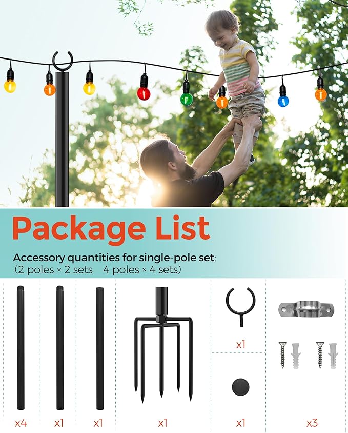 LAND·VOI 2 Pack String Light Poles, 9FT Heavy Duty Metal Light Poles for Outside String Lights, Outdoor Light Poles | Lumora