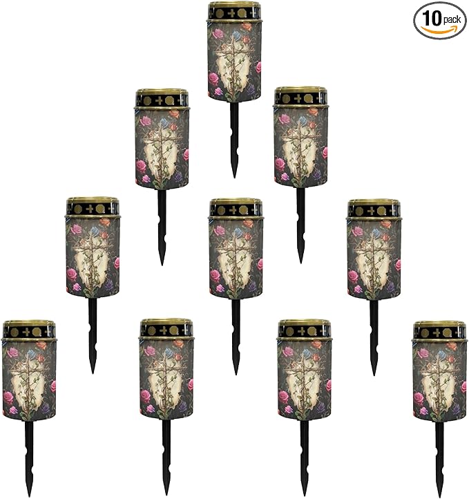 Cemetery Solar Lights for Grave,Cross-Watercolor Floral Solar Garden Stake Lights for Yard Patio Black Outdoor Solar Pathway Lights Waterproof Flameless Warm White LED Solar-Lantern