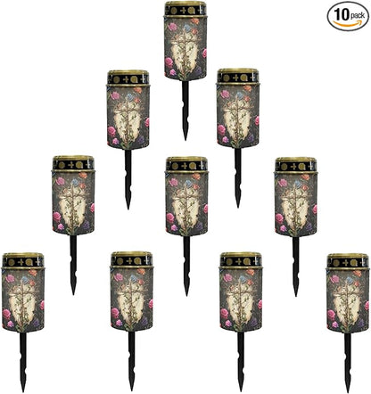 Cemetery Solar Lights for Grave,Cross-Watercolor Floral Solar Garden Stake Lights for Yard Patio Black Outdoor Solar Pathway Lights Waterproof Flameless Warm White LED Solar-Lantern