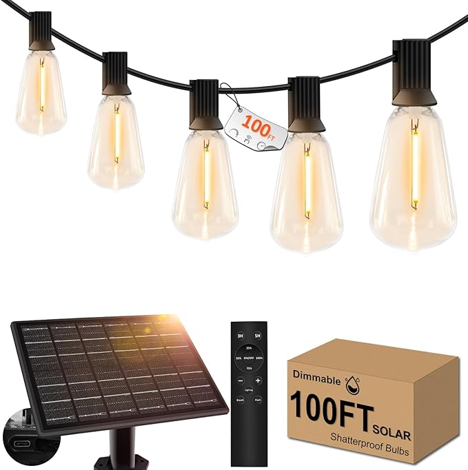 100ft Solar Outdoor String Lights with Remote - USB Rechargeable Solar Powered Outdoor Patio Lights, Larger 3.5W | Lumora
