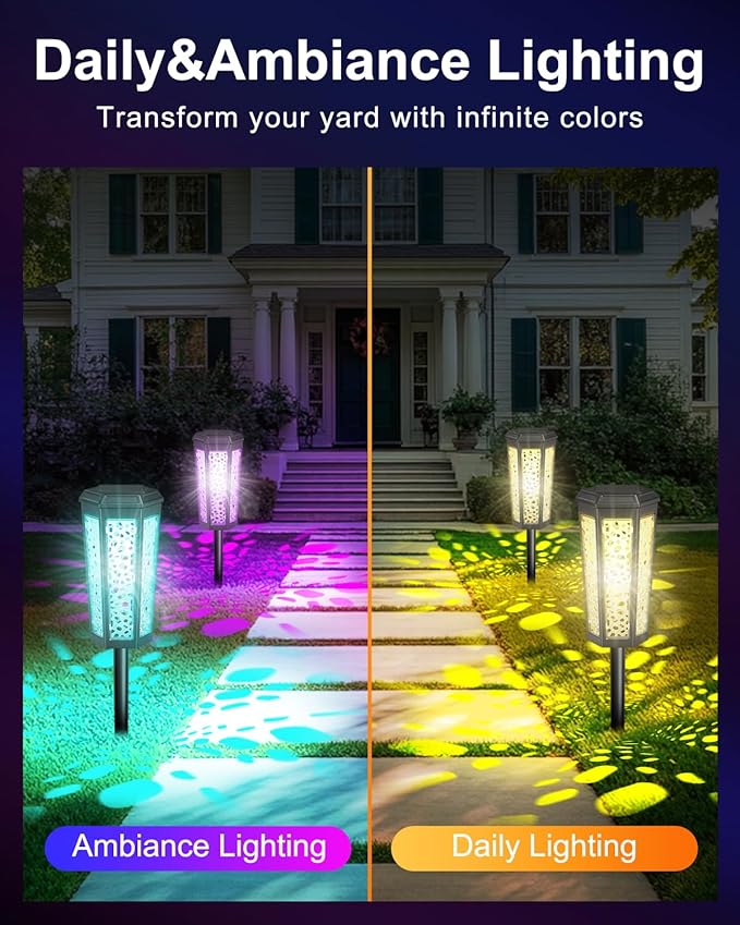Solar Powered Pathway Lights Outdoor Warm White & RGB Color Changing LED Landscape Decor Waterproof for Patio, Yard, Walkway, Garden, Auto On/Off 4 Pack 2 Modes (Warm White & Multicolor, 4 Pack)