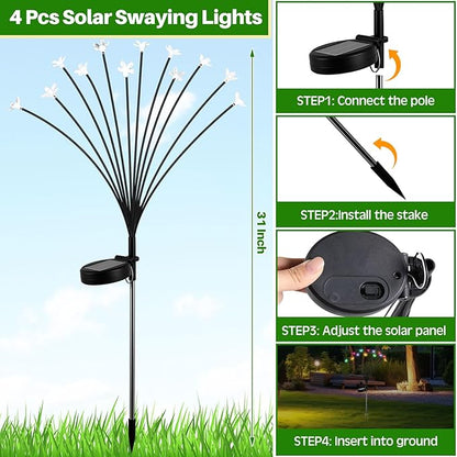 4 Pcs Solar Firefly Lights for Garden Swaying Lights Decoration Outdoor Garden Fairy Light for Yard Pathway Patio Lawn Waterproof Firefly Stake for Outside Holiday Decor(Flower)