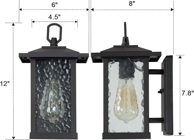LALUZ Rectangle Outdoor Light Fixtures Wall Mount, Weather-Proof Porch Lights Outdoor with Water Ripple Glass, Anti-Rust Outdoor Wall Lantern for Patio, Yards, Garden, Front Door, Matte Black Finish