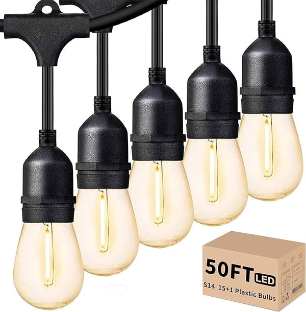 Svater Outdoor Led String Lights 50FT, Patio Lights with 16pcs S14 Shatterproof Bulbs, 1 Watt E26 Dimmable 2700K | Lumora