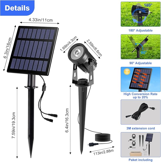 T-SUNUS Christmas Solar Landscape Spotlights Warm White, 2W Garden Spot Lights Outdoor 9.8ft Cable IP65 Waterproof | Lumora