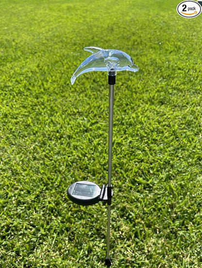 Set of 2 Clear Acrylic Dolphin Solar Power Outdoor Garden Yard Stick Color Change LED Lights