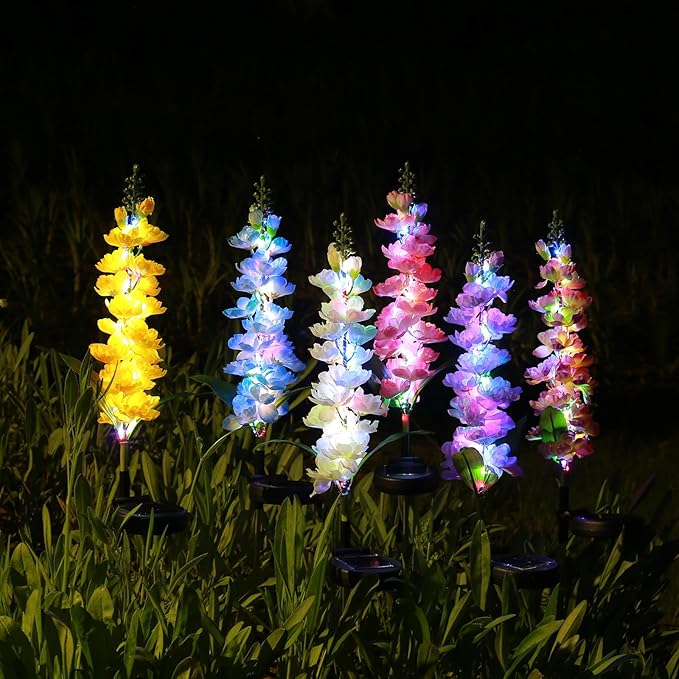 Solar Delphinium Flowers Lights Waterproof Color Lights Upgraded Solar Panel 2 Light Modes Solar Waterproof LED Solar Lights Outdoor for Yard Garden Lawn Pathway Decoration (8)