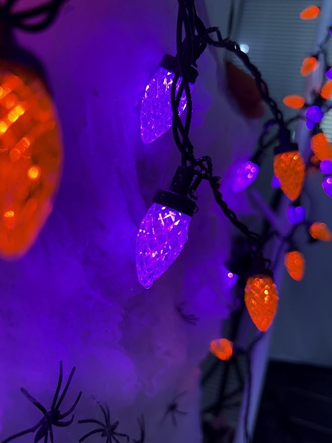 26FT Halloween String Lights Outdoor, 50 C7 LED Orange and Purple String Lights, Plug-in Halloween Patio Decorative Lights for Indoor Christmas Backary Porch House Holiday Party Decor