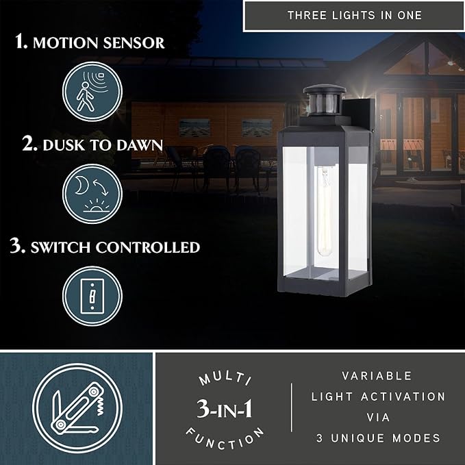VAXCEL Kinzie Outdoor Porch Light, 5" W x 13.75" H Black Outdoor Lantern, Motion Sensor Wall Light for Porch | Lumora