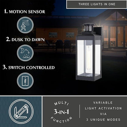 VAXCEL Kinzie Outdoor Porch Light, 5" W x 13.75" H Black Outdoor Lantern, Motion Sensor Wall Light for Porch, Patio, Deck, or Front Door