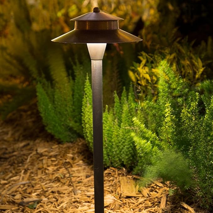 VOLT Stratum 12V Brass 2-Tier Path Light (9" Shade, 25" Tall) for Low Voltage Landscape Lighting on Outdoor | Lumora