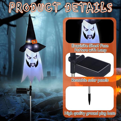 Riakrum 2 Pcs Halloween Solar Pathway Lights Solar Halloween Ghost Witch Hat Stake Lights Decorations Outdoor Big Spooky Ghost Decor for Pathway Porch Yard Walkway Lawn Garden Indoor Outside Party