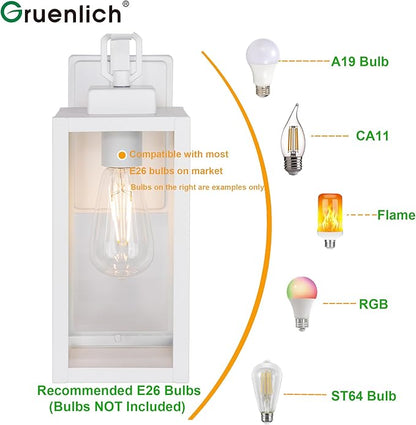 GRUENLICH Outdoor Wall Lantern, Wall Sconce for Porch Lighting Fixture, E26 Base Max 60W, Metal Housing Plus Glass, White Finish, Bulb Not Included, 1-Pack