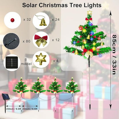 Solar Christmas Tree Pathway Stake Lights, 4 Pack Outdoor Christmas Tree Decorations, Multicolor 8 Lighting Modes Waterproof Solar Powered Lights for Outside Garden Yard Cemetery Xmas