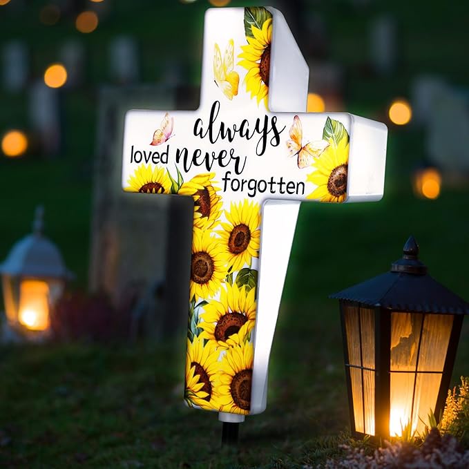 VIHOSE Sunflower Solar Lighted Cross Always Loved Never Forgotten Outdoor Sunflower Solar Decoration Memorial Light up Cross Stake for Home Outside Church Cemetery Garden Yard Porch Lawn Decor